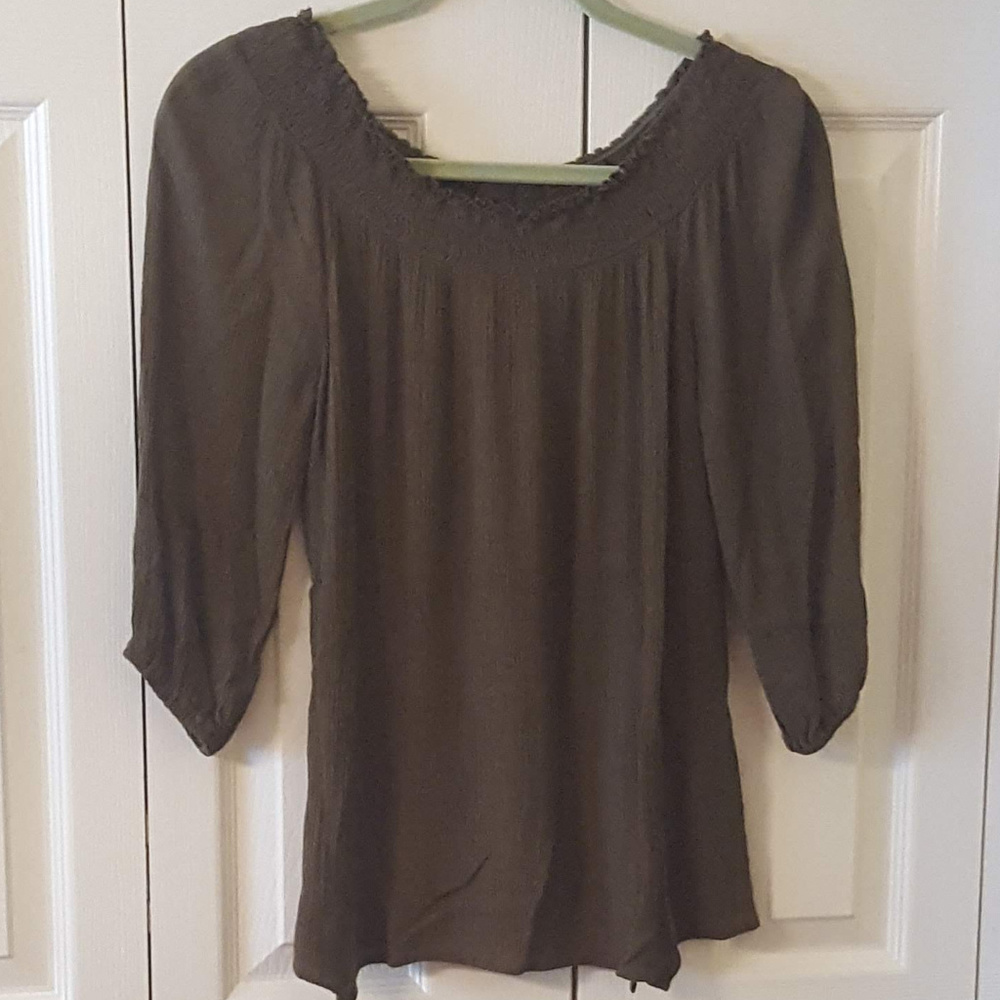 Olive Gauze Peasant Top  0034